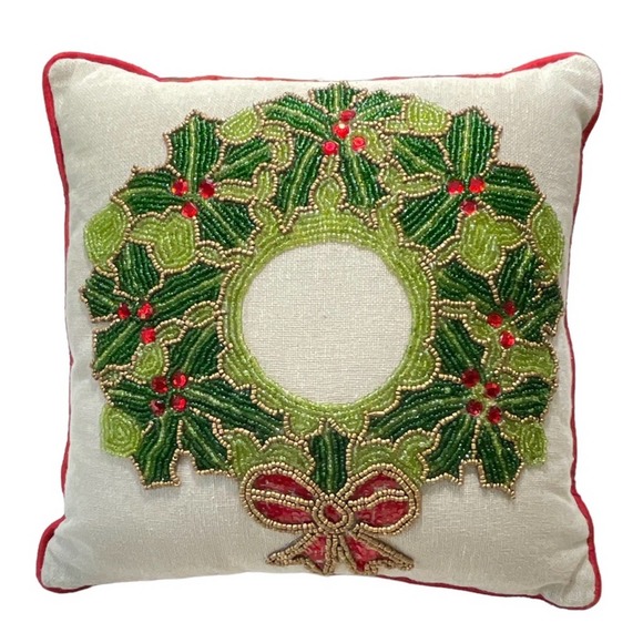 Pier 1 Holiday Pier Beaded Holiday Christmas Wreath Pillow New